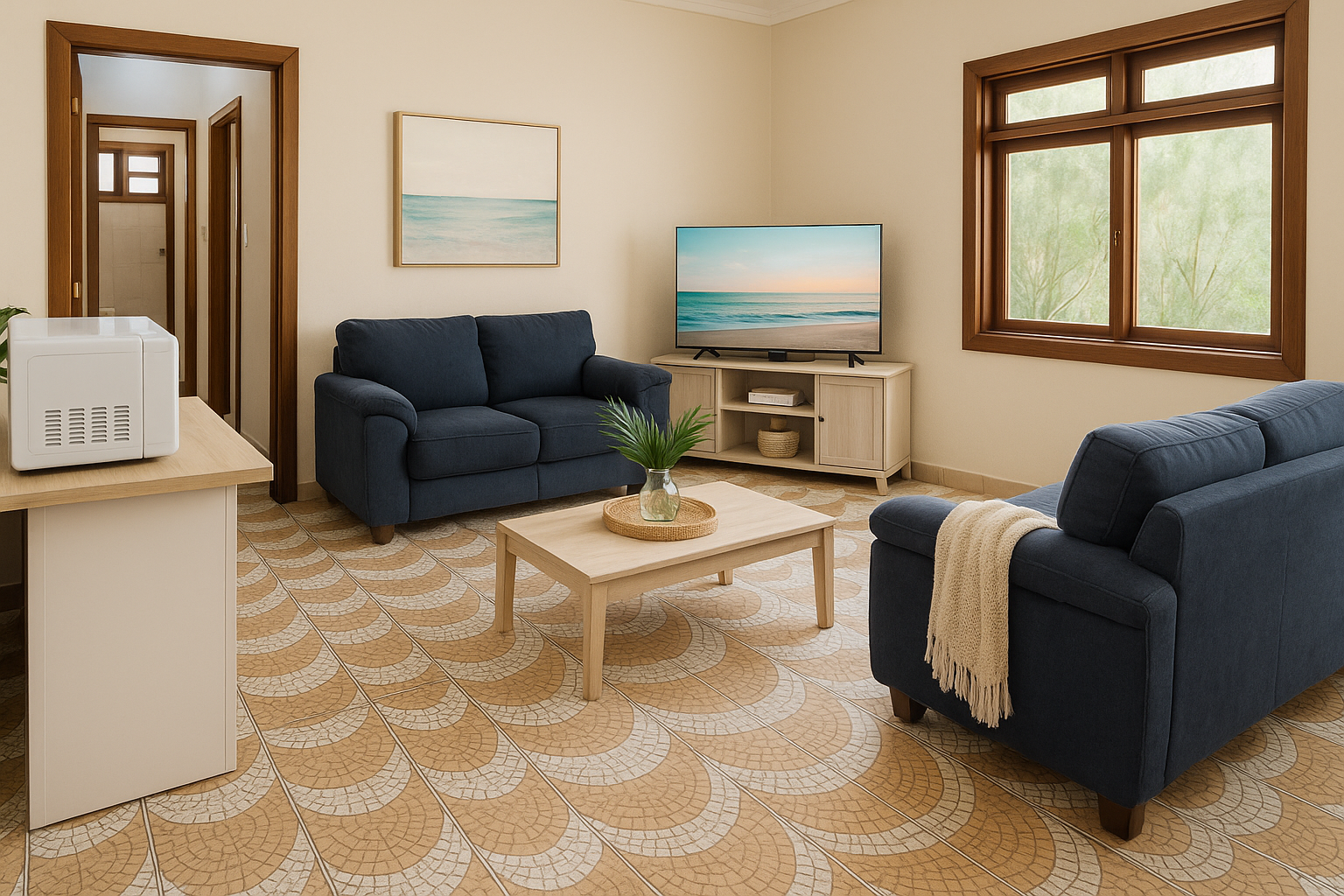 Sala com TV, sofá e mesa pequena